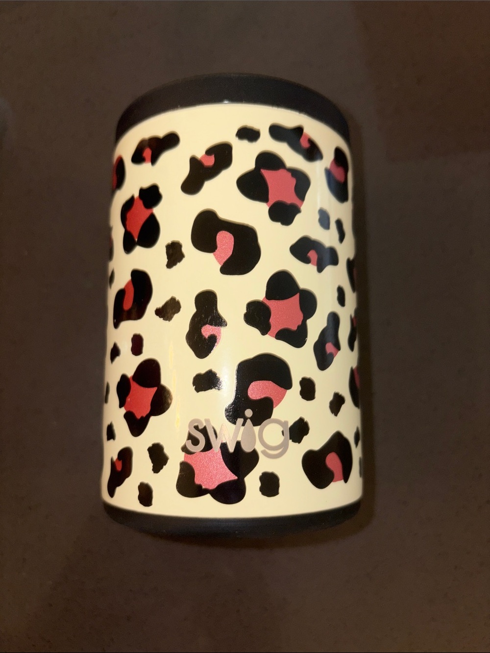 Leopard Print Can Cooler - White with Black & Pink Accent